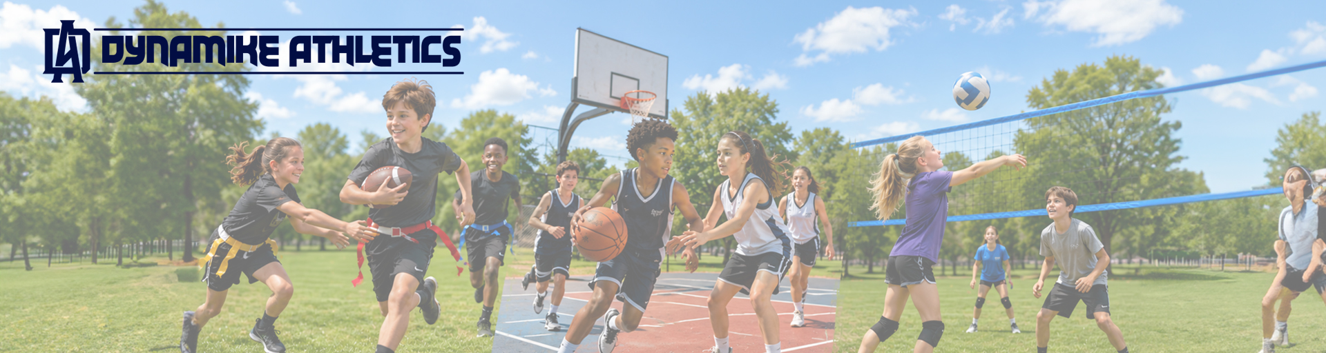 Kids playing flag football, basketball, and volleyball outdoors